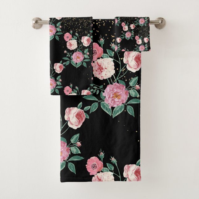 Romantic peony floral and golden confetti design bath towel set (Insitu)