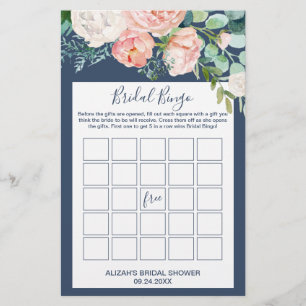 Romantic Peony Flowers   Blue Bridal Bingo Game Flyer