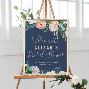 Romantic Peony Flowers Blue Bridal Shower Welcome Poster