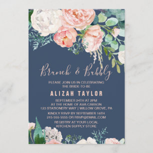 Romantic Peony Flowers   Blue Brunch & Bubbly Invitation