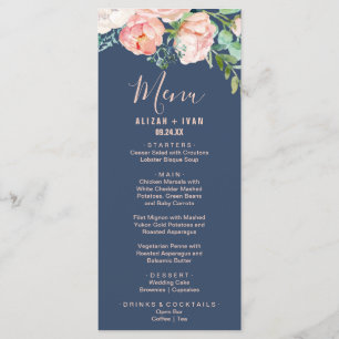 Romantic Peony Flowers   Blue Dinner Menu Card