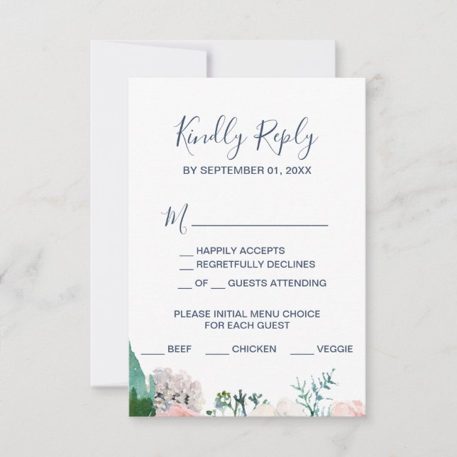 Romantic Peony Flowers Blue Menu Choice RSVP Card (Front)