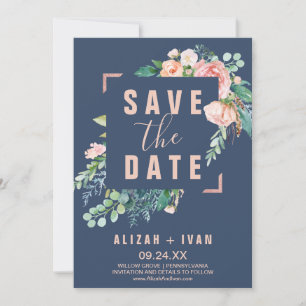 Romantic Peony Flowers Blue Save the Date Card