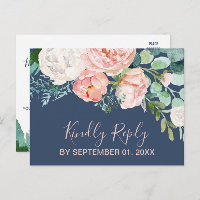 Romantic Peony Flowers | Blue Song Request RSVP Invitation Postcard (Front/Back)