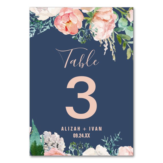 Romantic Peony Flowers | Blue Table Number (Front)