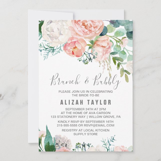 Romantic Peony Flowers Brunch & Bubbly Invitation (Front)