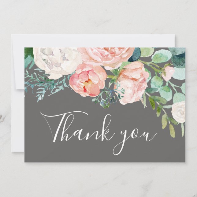 Romantic Peony Flowers | Grey Thank You Card (Front)