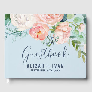 Romantic Peony Flowers   Light Blue Wedding Guest Book