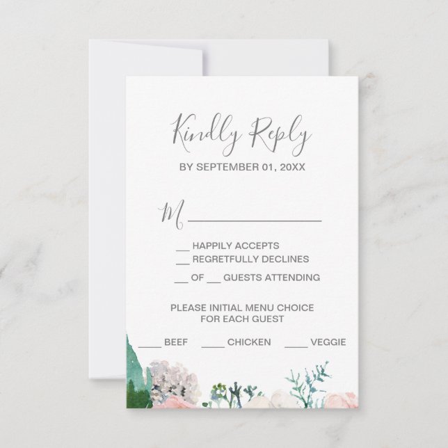 Romantic Peony Flowers Menu Choice RSVP Card (Front)