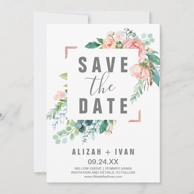 Romantic Peony Flowers Save the Date Card (Front)