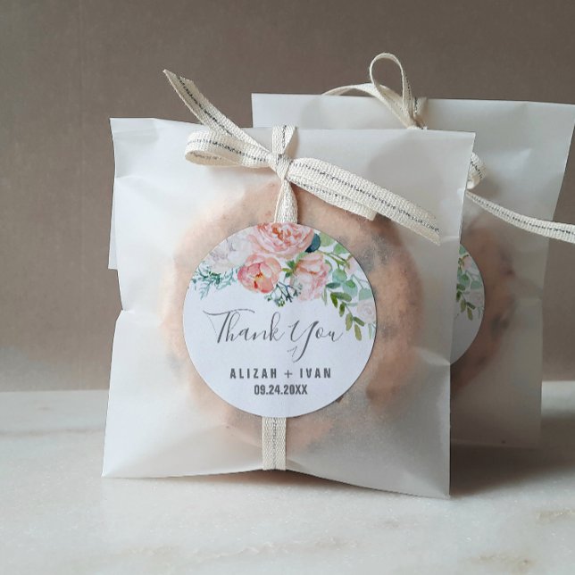 Romantic Peony Flowers Thank You Wedding Favour Classic Round Sticker (Creator Uploaded)