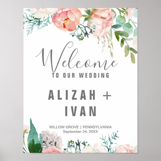 Romantic Peony Flowers Welcome Wedding Poster (Front)