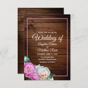 Romantic Peony Flowers Wooden Formal Wedding Invitation