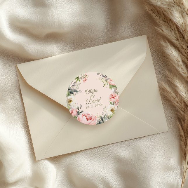 Romantic Peony Wedding Sticker | Blush & Peach (Pale Peach and Blush Pink Floral Wedding Classic Round Sticker on a wedding envelope.)