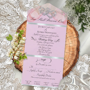 Romantic Petals & Hearts - Pink Pearl/Silver All In One Invitation
