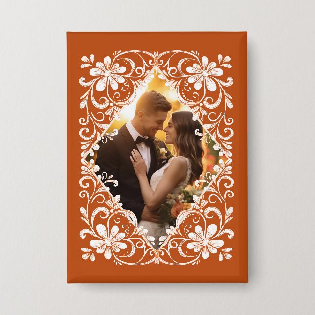 Romantic Photo Burnt Orange Anniversary Pin Button (Front)