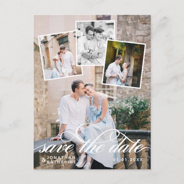 Romantic Photo Collage Wedding Save the Date Announcement Postcard (Front)