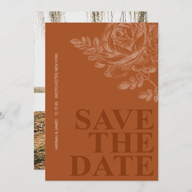 Romantic Photo Floral Terracotta Save the Date Invitation (Front/Back)