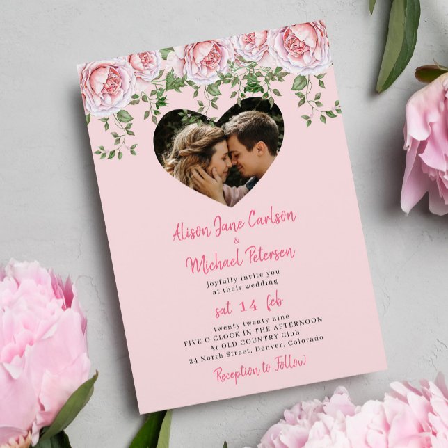Romantic photo heart pink floral wedding invitation (Creator Uploaded)