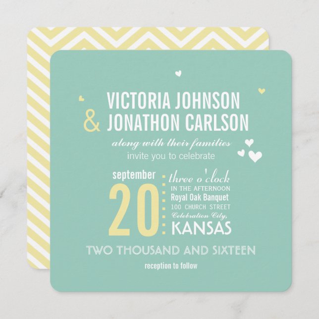 Romantic Photo Mint and Yellow Zig Zag Wedding Invitation (Front/Back)