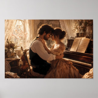 Romantic Piano Embrace in Golden Light Poster