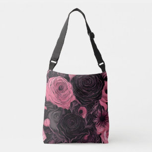 Romantic Pink and Black Gothic Roses Crossbody Bag