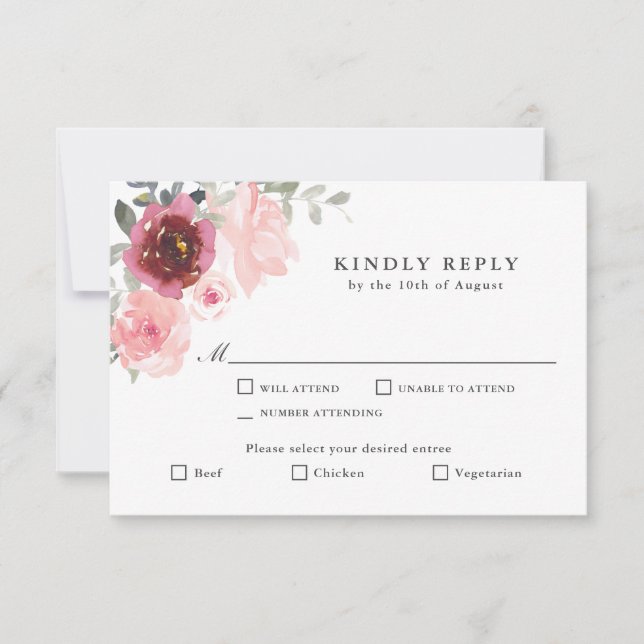 Romantic Pink and Burgundy RSVP with Entrees Card (Front)