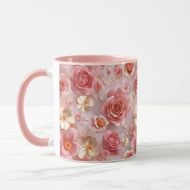 Romantic Pink and Cream Roses Pattern Mug (Left)