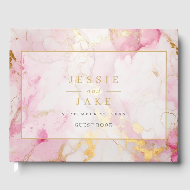 Romantic Pink and Gold Marble Wedding Guest Book (Front)