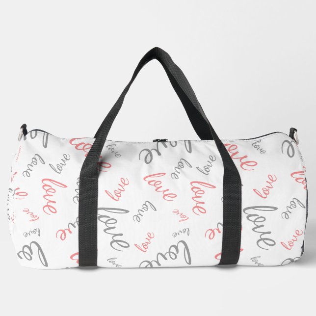 Romantic Pink and Grey Love Script Cursive Duffle Bag (Front)