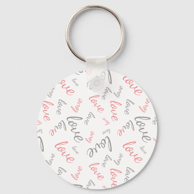 Romantic Pink and Grey Love Script Cursive Key Ring (Front)