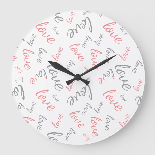 Romantic Pink and Grey Love Script Cursive Large Clock (Front)