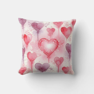 Romantic Pink and Purple Watercolor Hearts Pattern Cushion