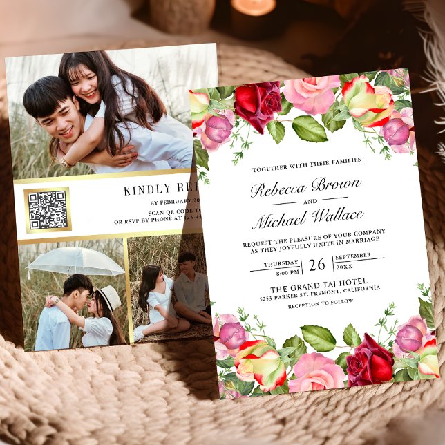 Romantic Pink and Red Roses QR Code Wedding Invitation (Creator Uploaded)