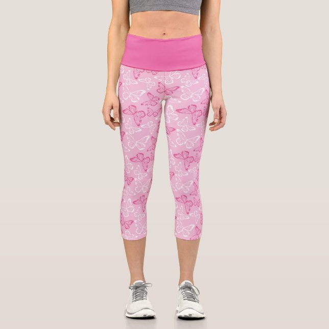 Romantic Pink and White Butterflies Capri Leggings (Front)