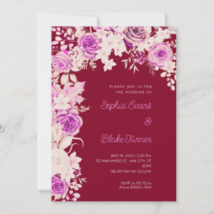 Romantic Pink and White Roses Burgundy Wedding Invitation