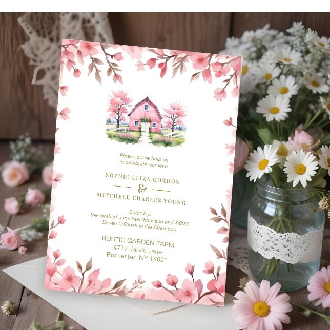 Romantic Pink Barn Rustic Landscape Floral Frame Invitation (Romantic Pink Barn in Rustic Landscape and Cute Floral Frame Wedding Invitations Cards. )