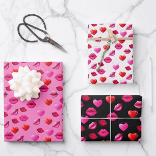 Romantic Pink & Black Hearts & Kisses Valentine's Wrapping Paper Sheet