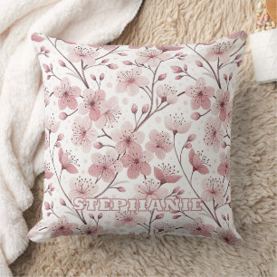 Romantic Pink Blossom Branches White Floral Cushion