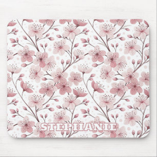 Romantic Pink Blossom Branches White Floral Mouse Pad