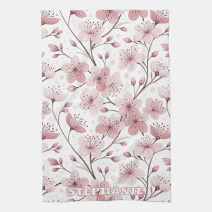 Romantic Pink Blossom Branches White Floral Tea Towel