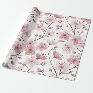 Romantic Pink Blossom Branches White Floral Wrapping Paper