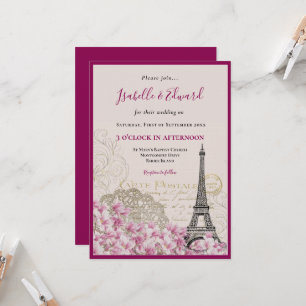 Romantic Pink Blossoms Paris Eiffel Tower Wedding  Invitation
