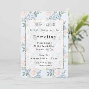 Romantic Pink Blue Flowers Birthday Invitation