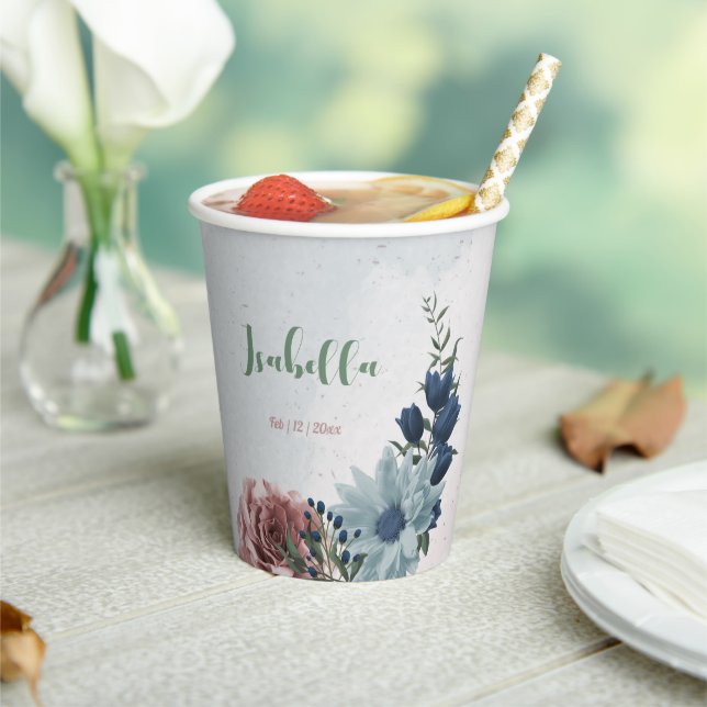 Romantic pink blue flowers greenery  paper cups (Insitu)