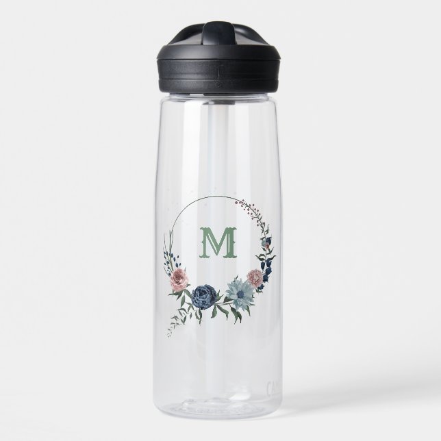 Romantic pink blue flowers greenery water bottle (Front)