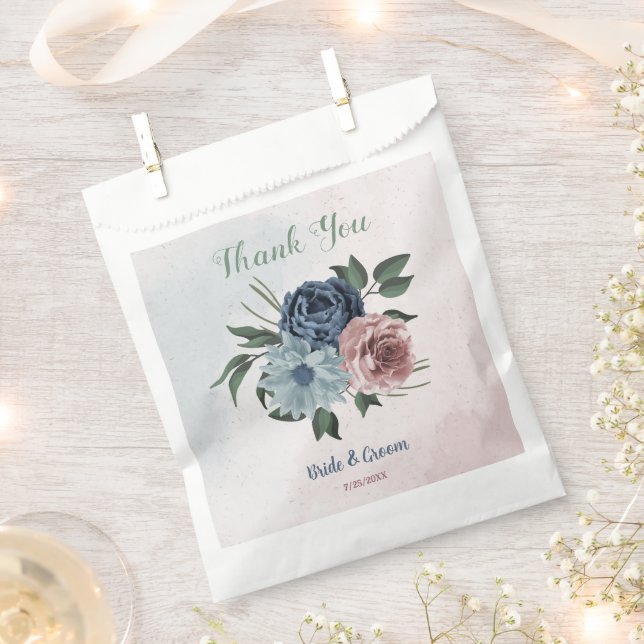Romantic pink blue flowers greenery wedding favour bag (Clipped)