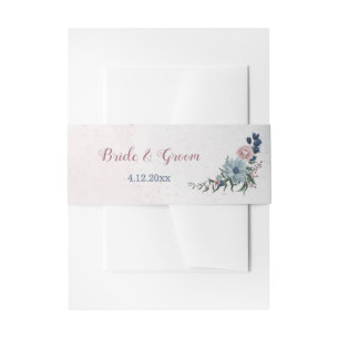 Romantic pink blue flowers greenery wedding invitation belly band