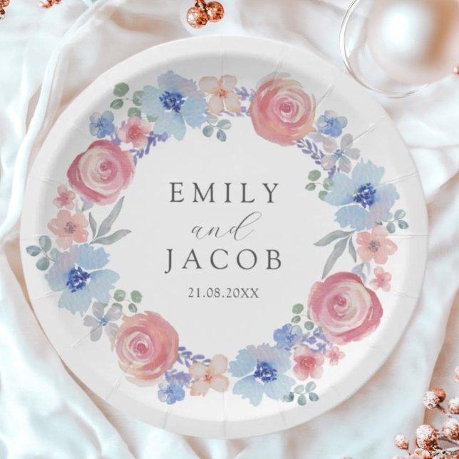 Romantic Pink & Blue Watercolor Floral wedding Paper Plate (Creator Uploaded)