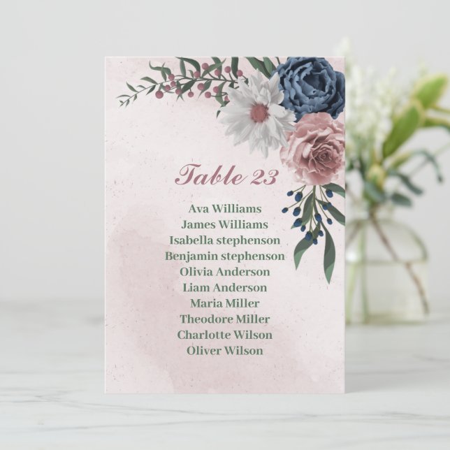 romantic pink blue white greenery seating chart  invitation (Standing Front)